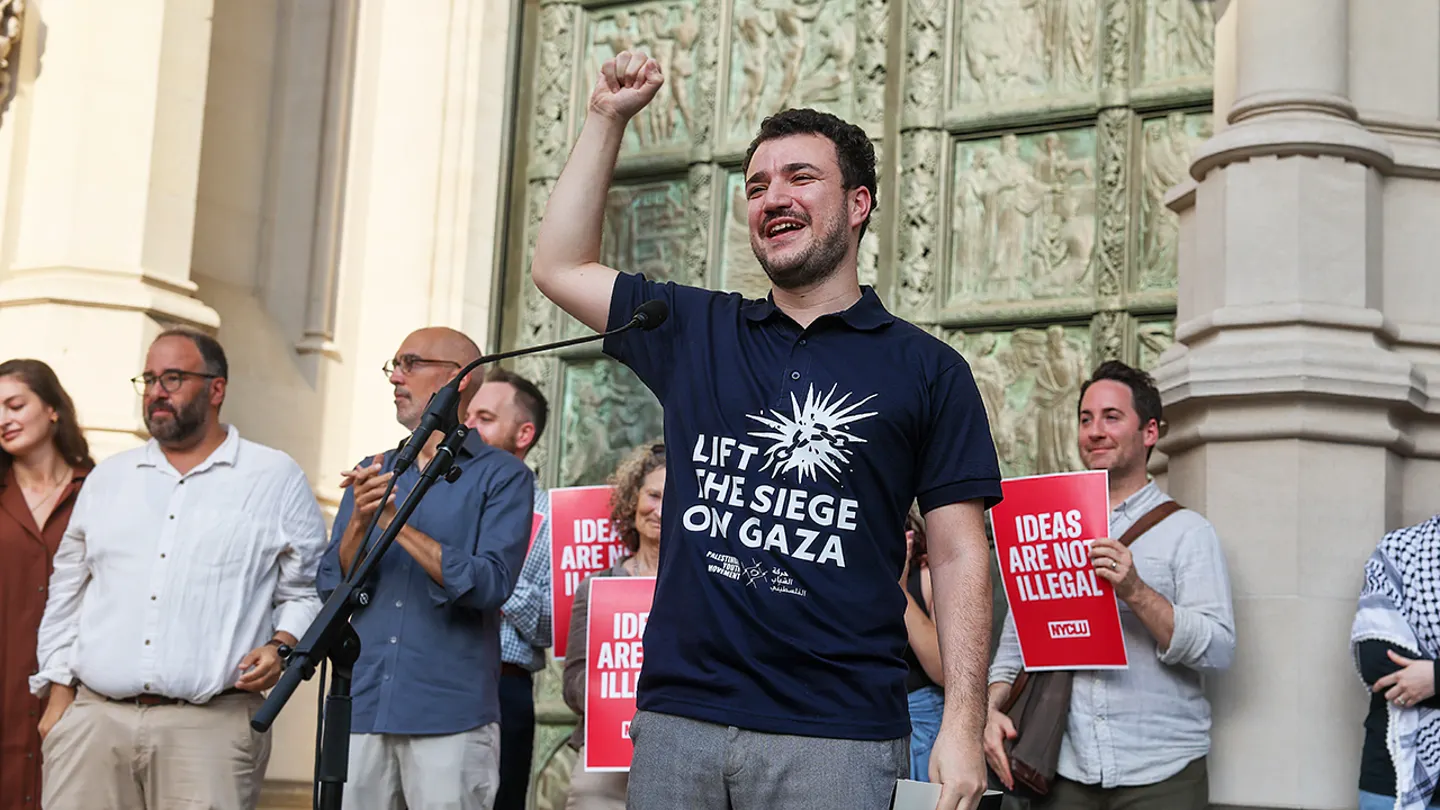 Palestinian activist Mahmoud Khalil, who was released from ICE detention, speaks during a rally on the steps of the Cathedral of St. John the Divine in Manhattan June 22, 2025, in New York City. (Spencer Platt/Getty Images)