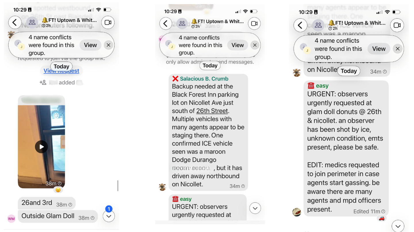 Members of an ICE Watch "Rapid Response" team tracked federal agents to the street, calling on more protesters to come to the street, where an anti-ICE demonstrator was killed minutes later. (Obtained by Fox News Digital)