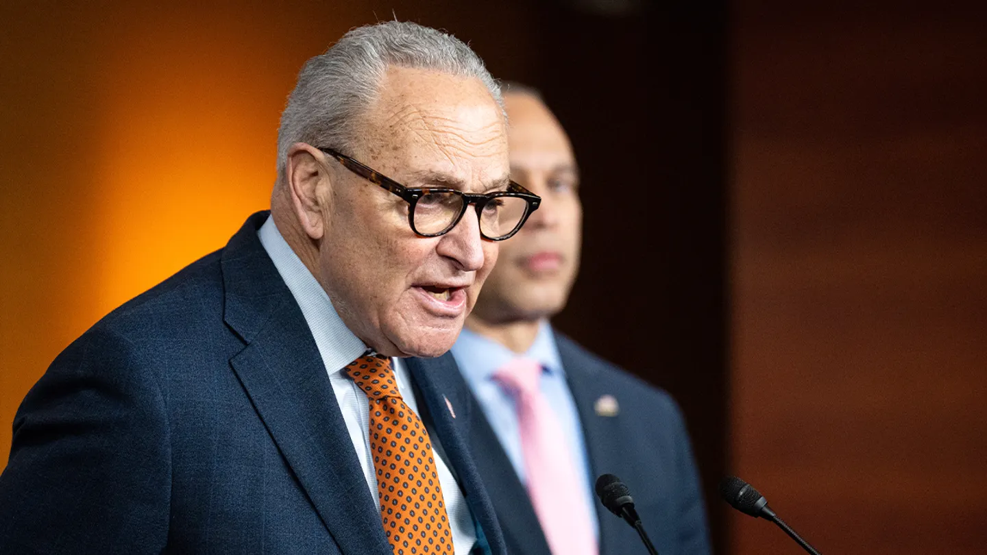 Senate Minority Leader Chuck Schumer, D-N.Y., and House Minority Leader Hakeem Jeffries, D-N.Y., hold a joint news conference at the U.S. Capitol on Jan. 8, 2026. (Bill Clark/CQ Roll Call, Inc. via Getty Images)