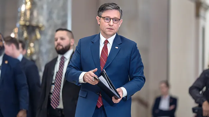 Speaker Mike Johnson walks from the chamber after the final vote to bring the longest government shutdown in history to an end, at the Capitol in Washington, Nov. 12, 2025. (J. Scott Applewhite/AP Photo)