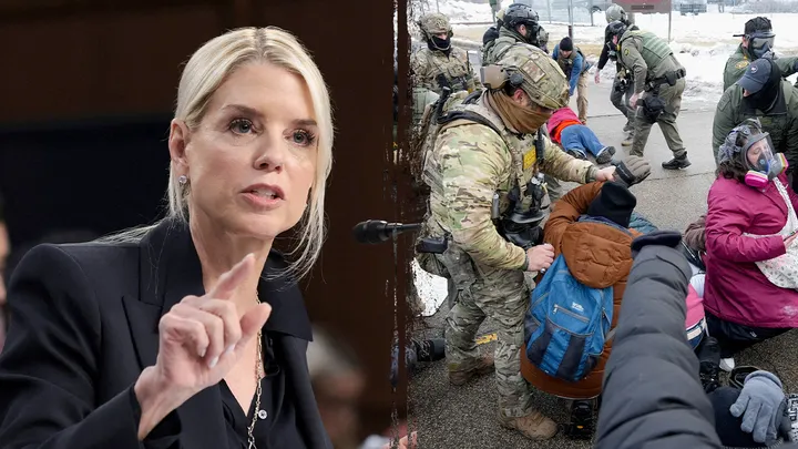 Attorney General Pam Bondi warned protesters in Minnesota about obstructing or attacking federal law enforcement. (Jonathan Ernst/Reuters; Tim Evans/Reuters)