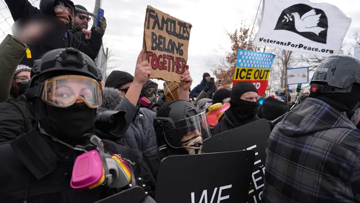 Anti-ICE agitators gather in Minnesota on Saturday. (AP Photo/Ryan Murphy)