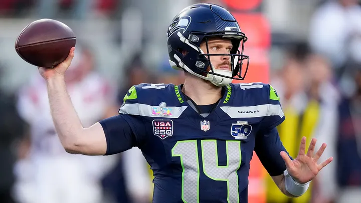 Seattle Seahawks quarterback Sam Darnold throws a pass during the first half of the NFL Super Bowl LX football game against the New England Patriots at Levi&rsquo;s Stadium in Santa Clara, California, on Feb. 8, 2026. (AP Photo/Mark J. Terrill)