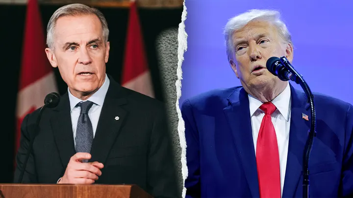 Trump alleged that Canadian Prime Minister Mark Carney "wants to make a deal with China &mdash; which will eat Canada alive." (Renaud Philippe/Bloomberg via Getty Images; Chip Somodevilla/Getty Images)