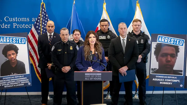 DHS Secretary Kristi Noem speaks at a news conference at One World Trade Center in New York on Jan. 8, 2026. (Michael Nagle/Bloomberg via Getty Images)