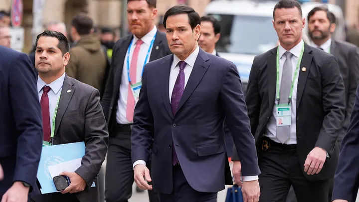 Secretary of State Marco Rubio walks to a meeting of foreign ministers at the Munich Security Conference on Feb. 14, 2026, in Germany. (Alex Brandon/AFP/Getty Images)