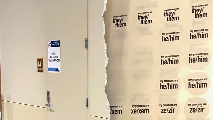 The 2026 annual AAAS conference provided guests with an all-gender washroom and gender pronoun stickers. (Fox News Digital)