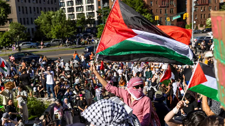 Anti-Israel protesters try to enter the Brooklyn Museum in the Brooklyn borough of New York City, May 31, 2024, during the ongoing conflict between Israel and the Palestinian Islamist group Hamas in Gaza. (Eduardo Munoz/Reuters)