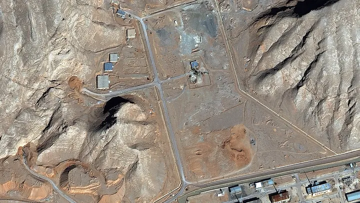 A satellite image shows tunnel entrances covered with soil at Isfahan nuclear complex. (Vantor/Handout via Reuters)