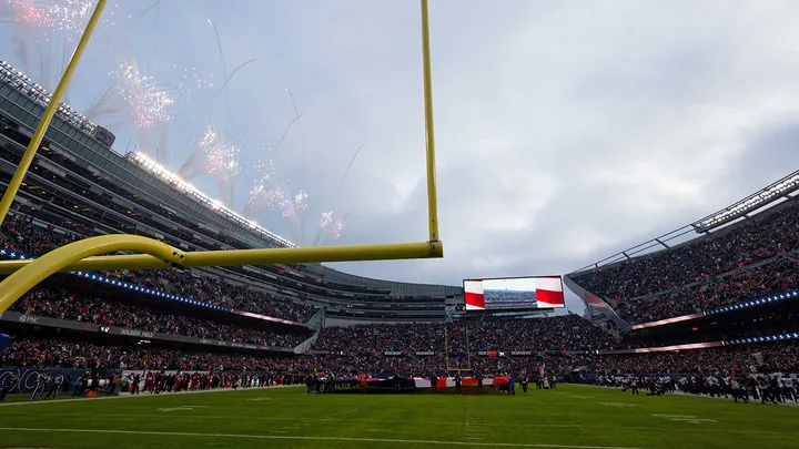 A general view during the U.S. National Anthem before a NFL game between the Chicago Bears and the Arizona Cardinals at Soldier Field on Dec. 24, 2023 in Chicago, Illinois. (Jamie Sabau/USA TODAY Sports)