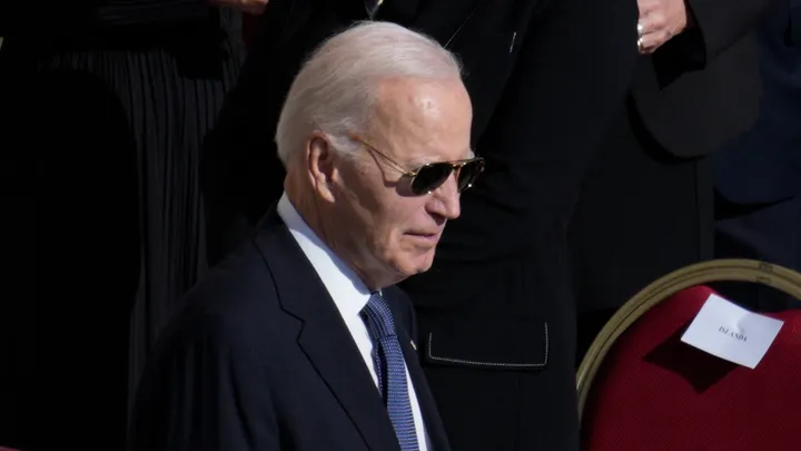 Former US president Joe Biden is seen arriving at the Pope's Funeral at the Vatican in Rome, Italy on 26 April, 2025. (Jaap Arriens/NurPhoto via Getty Images)