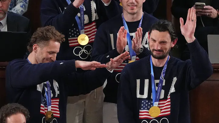 Connor Hellebuyck on Tuesday, Feb. 24, 2026, after President Donald Trump announced he will receive the Presidential Medal of Freedom. (AP Photo/Matt Rourke)
