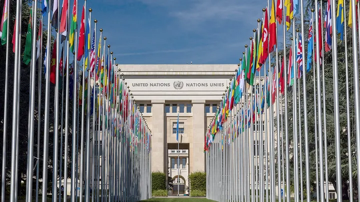 Flag alley at the United Nations' European headquarters during the Human Rights Council in Geneva, Switzerland, Sept. 11, 2023. (Denis Balibouse/File Photo/Reuters)