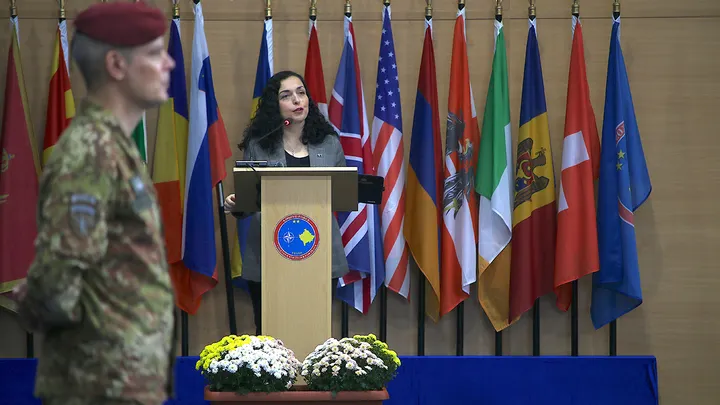President of Kosovo Vjosa Osmani delivers a speech during ceremony of the Kosovo Peacekeeping Force (KFOR) Command, led by Turkey to Italy, in Pristine, Kosovo on Oct. 11, 2024.  (Erkin Keci/Anadolu via Getty Images)