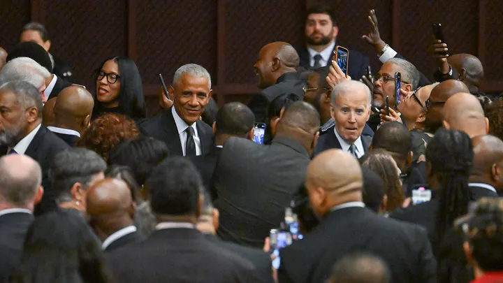 Barack Obama and Joe Biden at Reverend Jesse L. Jackson's Peoples Celebration of Life and Homegoing Services at the House of Hope arena on March 06, 2026, in Chicago, Illinois. (Earl Gibson III/Deadline via Getty Images)
