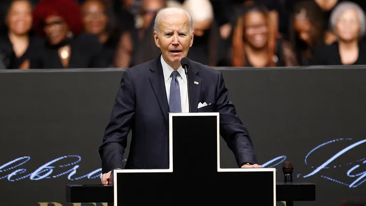 Former US president Joe Biden speaks at a public memorial service to celebrate the life of civil rights activist Reverend Jesse Jackson in Chicago, Illinois, on March 6, 2026.  (Kamil Krzaczynski/AFP via Getty Images)