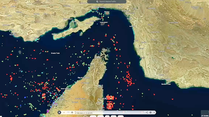 A screenshot of a marine traffic terminal showing vessels in the Strait of Hormuz on March 4. (Kpler/Marine Traffic)