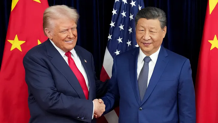President Donald Trump greets Chinese President Xi Jinping ahead of a bilateral meeting at Gimhae Air Base on Oct. 30, 2025, in Busan, South Korea. Trump said he wants to keep the Strait of Hormuz open in the Middle East for countries, including China.  ( Andrew Harnik/Getty Images)