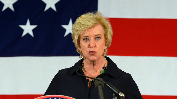 Education Secretary Linda McMahon giving a speech in front of the American flag. (Darren McCollester / Getty Images)