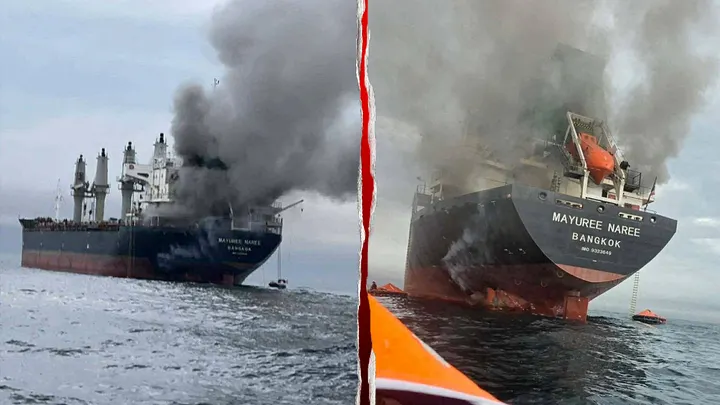 The Thailand-flagged cargo ship Mayuree Naree is engulfed in black smoke in the Strait of Hormuz March 11, 2026. (Royal Thai Navy/Handout via Reuters  / Reuters Photos)