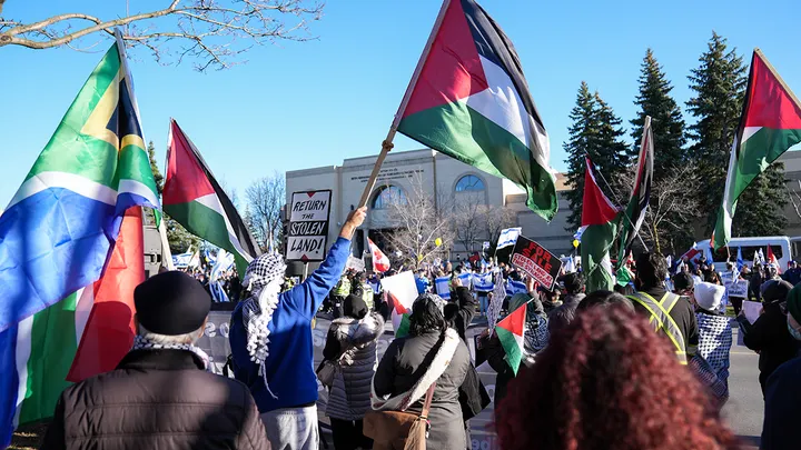 Anti-Israel protesters gather outside the Beth Avraham Yoseph of Toronto synagogue March 7, 2024. The place of worship was one of three synagogues targeted in the first week of March 2026. (Mert Alper Dervis/Anadolu via Getty Images)