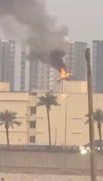 Fire is seen erupting from the US embassy building in Baghdad on March 14, 2026.