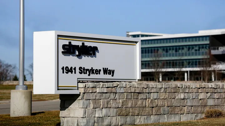 Signage at the Stryker Corp. headquarters in Portage, Michigan, on Thursday, March 12, 2026. A cyberattack on Stryker Corp. has kept the medical technology company's ordering and shipping systems offline as the firm continues to struggle to address a crippling hack claimed by a group linked to Iran. (Kristen Norman/Bloomberg via Getty Images)