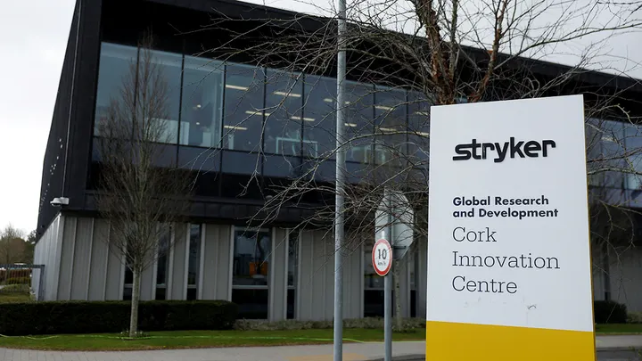The logo of Stryker medical technology is seen on their plant in the IDA (Industrial Development Agency) estate, in Carrigtwohill, County Cork, Ireland on March 28, 2025. (Reuters/Clodagh Kilcoyne)