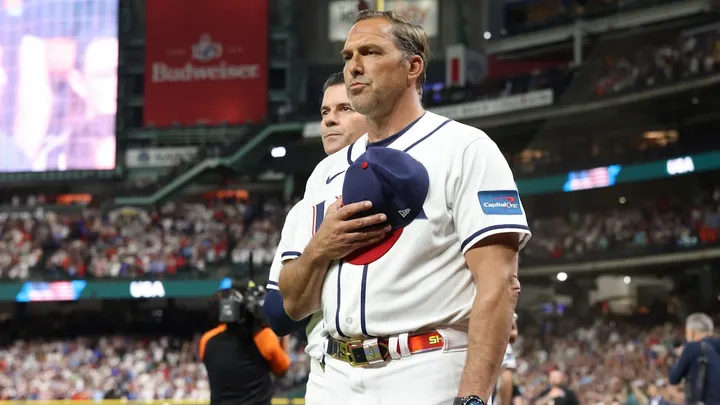 Manager Mark DeRosa of Team USA during the singing of the national anthem before a game against Great Britain at Daikin Park March 7, 2026, in Houston, Texas. (Gabriella Ricciardi/MLB Photos via Getty Images)