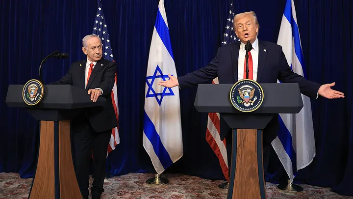 President Donald Trump holds a press conference with Israeli Prime Minister Benjamin Netanyahu at his Mar-a-Lago club on Dec. 29, 2025, in Palm Beach, Florida. (Joe Raedle/Getty Images)