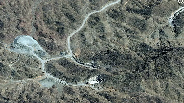 A satellite image shows an overview of the Pickaxe Mountain tunnel complex in Natanz. (Vantor/Handout via Reuters)
