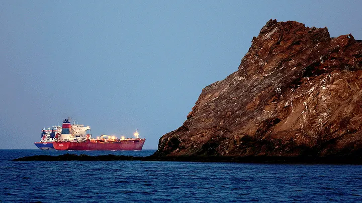 The Callisto tanker sits anchored as the traffic is down in the Strait of Hormuz, amid the U.S.-Israeli conflict with Iran, in Muscat, Oman. (Benoit Tessier/Reuters)