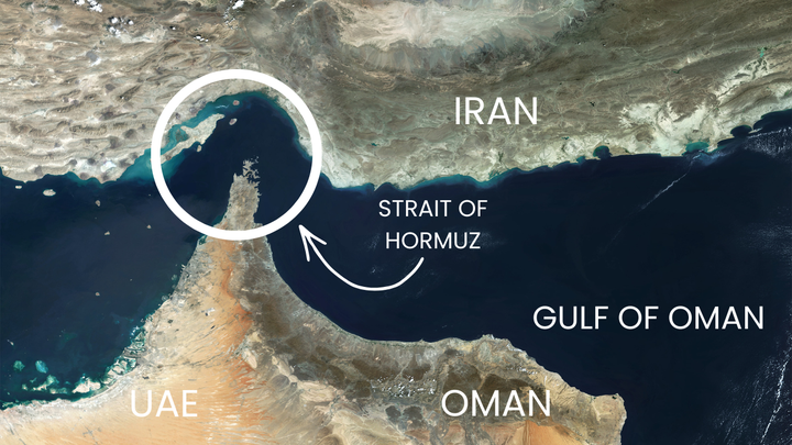 A satellite image shows the Strait of Hormuz, a key maritime passage connecting the Persian Gulf to the Gulf of Oman, vital for global energy supply. (Amanda Macias/Fox News Digital)