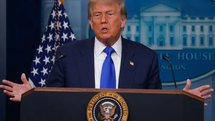 President Donald Trump speaks during a press conference at the White House, on June 27, 2025, following a Supreme Court ruling that limits the application of birthright citizenship. (Mehmet Eser/Middle East Images via AFP)