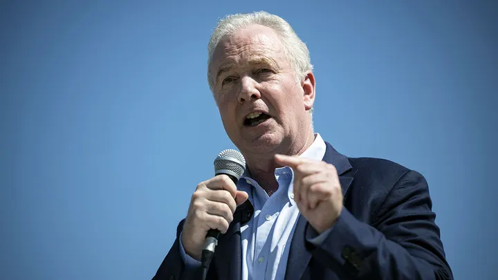 United States Senator Chris Van Hollen speaks during the rally where demonstrators holding banners and chanting slogans protest against Trump administration around the National Mall in Washington DC, United States on September 19, 2025. (Celal Gunes/Anadolu via Getty Images)