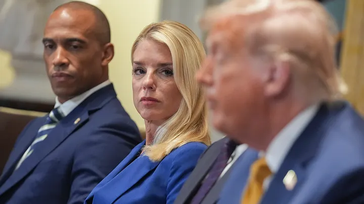President Donald Trump speaks during a Cabinet meeting with Secretary of Housing, Eric Scott Turner, left, and Attorney General Pam Bondi, center, at the White House. (AP Photo/Evan Vucci)