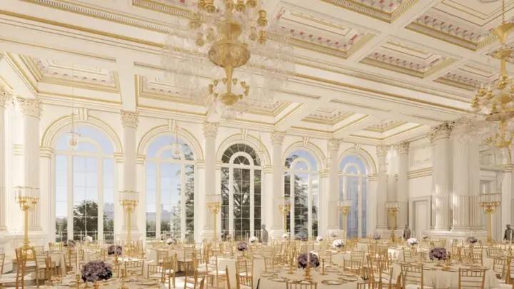 A McCrery Architects rendering provided by the White House of the new ballroom. (White House)