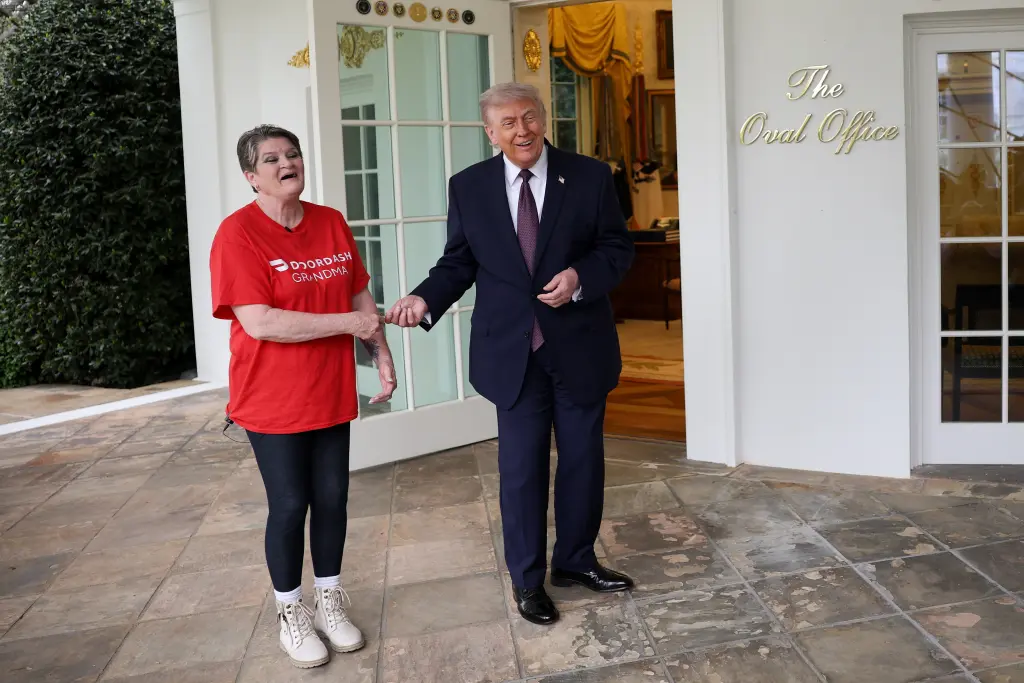 President Trump tipping DoorDash delivery driver Sharon Simmons outside the Oval Office to promote &ldquo;no taxes on tips&rdquo; on April 13, 2026. Getty Images