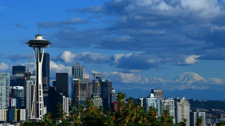 The Seattle Space Needle and downtown skyline with Mount Rainier in the background are seen leading up to the 2019 Rock'n'Roll Seattle Marathon and Half Marathon. (Donald Miralle/Getty Images for Rock'n'Roll Marathon)