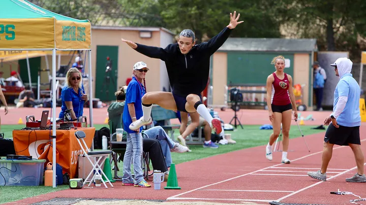 AB Hernandez, a transgender student at Jurupa Valley High School, jumps during practice ahead of the California Interscholastic Federation Southern Section Divisional Championship Finals in Moorpark, Calif., on May 16, 2026. (Fox News Digital)