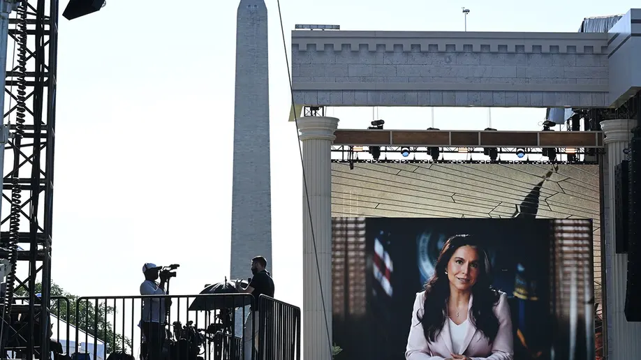 Tulsi Gabbard, director of National Intelligence, speaks in a taped message during "Rededicate 250" in Washington, D.C., on May 17, 2026. (Matt McClain/Bloomberg)