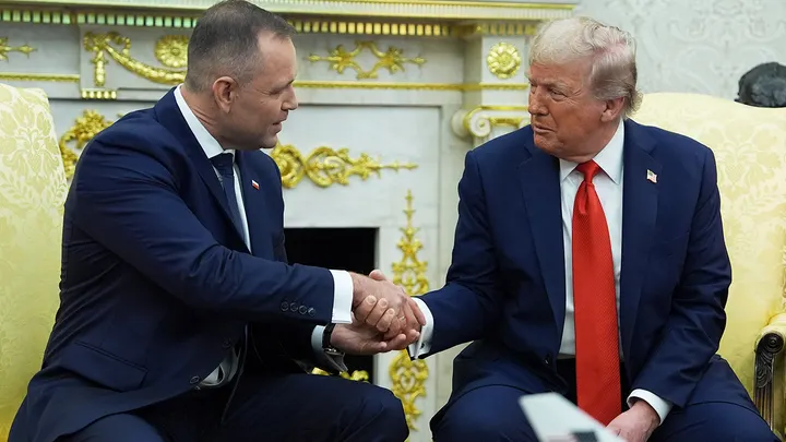President Donald Trump shakes hands with Polish President Karol Nawrocki, during a meeting in the Oval Office of the White House, Sept. 3, 2025, in Washington. (Evan Vucci/AP Photo )