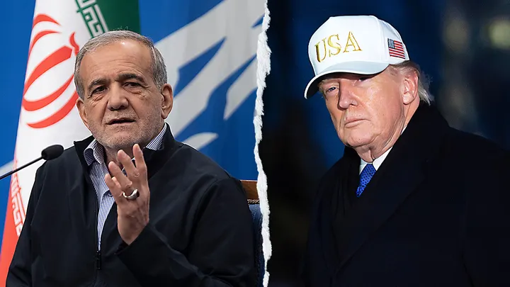 Iranian President Masoud Pezeshkian and President Donald Trump stand together in an official setting. (Majid Saeedi/Getty Images)