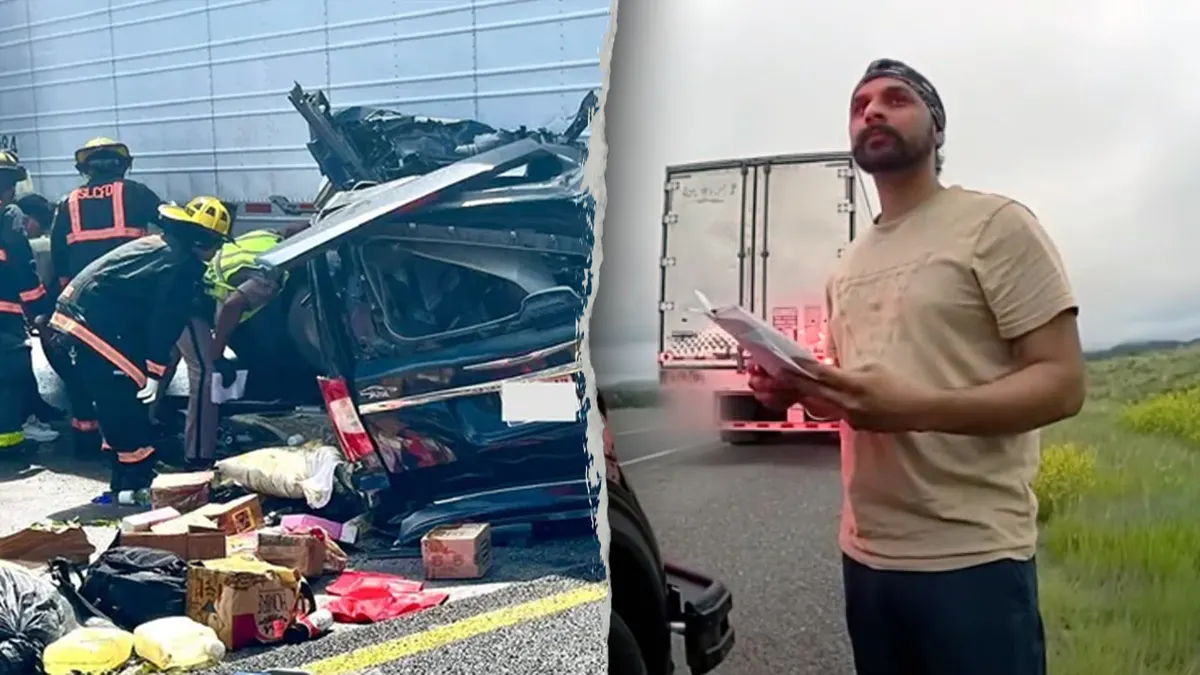 Firefighters respond to a fatal crash in Florida involving Harjinder Singh's truck, and Singh is shown being cited for speeding in New Mexico on July 3, 2025. (St. Lucie County Sheriff's Office; New Mexico State Police)