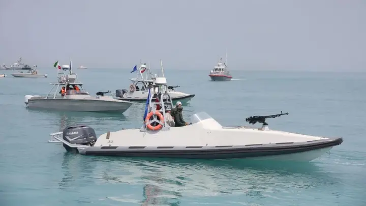 Vessels of Iran's Islamic Revolution Guards Corps are seen during a ceremony marking the National Persian Gulf Day at the Persian Gulf near Bushehr, Iran, April 29, 2024. The National Persian Gulf Day marks the anniversary of the expulsion of Portuguese military forces from the Strait of Hormuz in 1622. (Shadati/Xinhua via Getty Images)