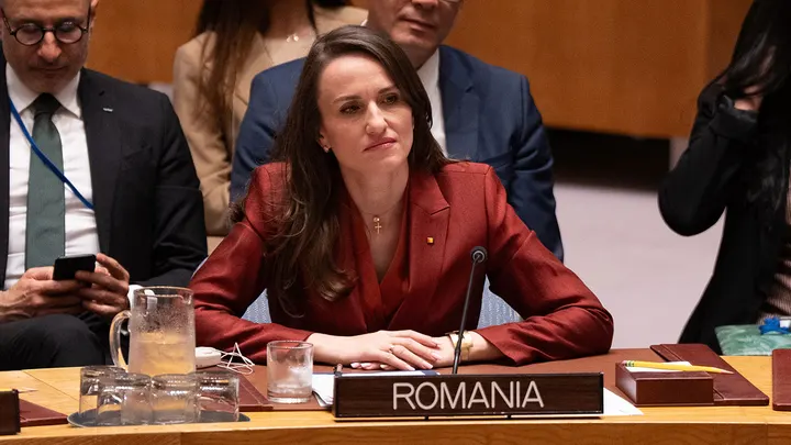 Oana-Silvia Toiu, Minister for Foreign Affairs of Romania speaks during emergency Security Council meeting requested by Romania and supported by France after Russian military drone entered Romanian airspace and injuring civilians when exploded at UN Headquarters in New York, NY on June 1, 2026.  (Lev Radin/Sipa USA)