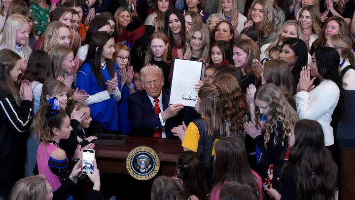 President Donald Trump signed the "No Men in Women&rsquo;s Sports" executive order in the East Room at the White House on Feb. 5, 2025, prohibiting transgender women from competing in women&rsquo;s sports. The signing took place on National Girls and Women in Sports Day. (Andrew Harnik/Getty Images)