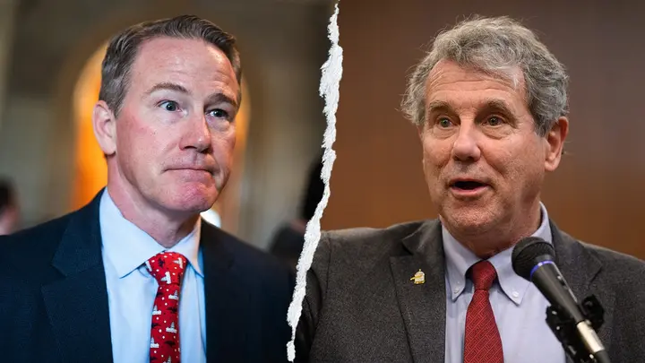Republican Sen. Jon Husted and former longtime Sen. Sherrod Brown, a Democrat, will face off in a highly anticipated U.S. Senate race in Ohio in November. (Tom Williams/CQ-Roll Call, Inc via Getty Images ; Justin Merriman/Bloomberg via Getty Images)