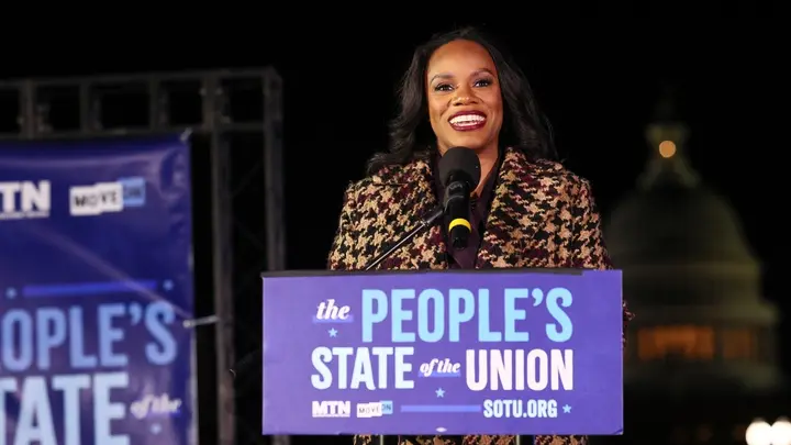 Rep. Summer Lee, D-Pa., speaks at the People's State Of The Union Rally And Boycott Outside The Capitol on the National Mall on Feb. 24, 2026, in Washington, D.C. (Jemal Countess/Getty Images)