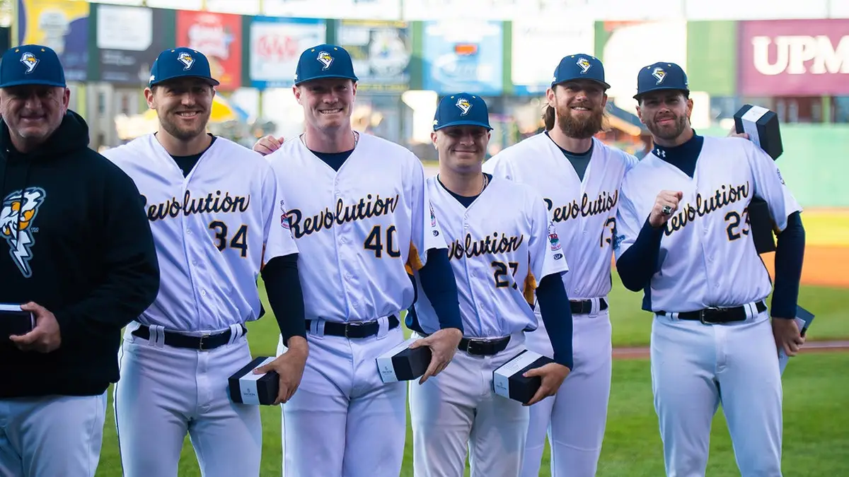 Members of the 2025 Atlantic League Championship York Revolution receive their rings before the season opener against the Lancaster Stormers at WellSpan Park in York, Pennsylvania, on April 21, 2026. (Dan Rainville/USA TODAY NETWORK via Imagn Images)